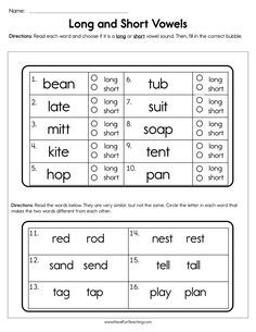 worksheet for long and short words