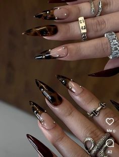 Black Birthday Nails Almond, Burgundy Fall Nails Acrylic, Dark Feminine Energy Nails, Scorpio Themed Nails, November Nails Stilleto, Pointy Fall Nails, Tortishell Nails Design Almond, Nail Piercing Jewelry, Tortious Nail Design