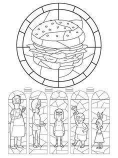 the family is eating hamburgers in front of stained glass window with cartoon characters on it