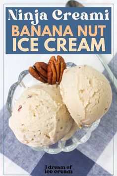 two scoops of banana nut ice cream in a glass bowl