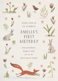 a birthday card with an illustration of rabbits and flowers in the background, which reads, please join us to celebrate amela's first birthday on saturday