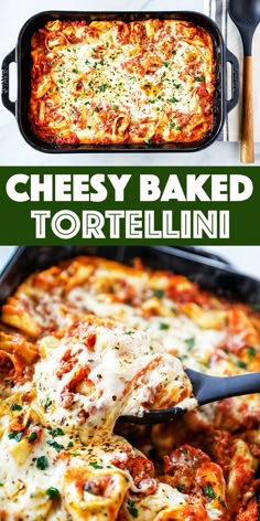 cheesy baked tortellini in a black casserole dish with a serving spoon