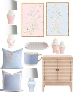 a bunch of items that are sitting in front of a white wall with pink and blue accents