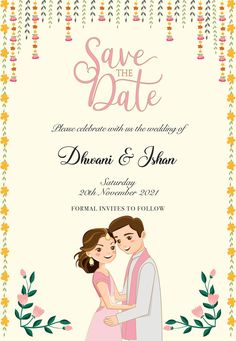 a wedding card with an illustration of two people hugging and the words save the date on it