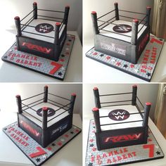 four photos of a wrestling ring cake