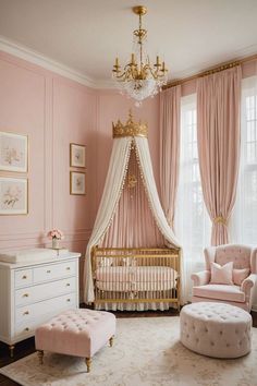 a baby's room decorated in pink and gold with chandelier, crib, chair, ottoman, and bed