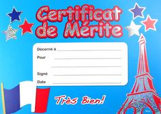 a certificate with the eiffel tower in red, white and blue