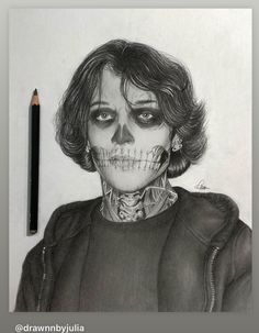 a pencil drawing of a woman with skull makeup