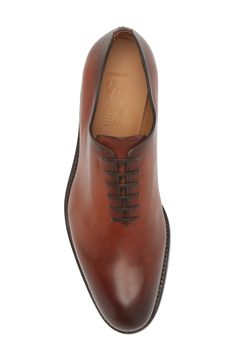 Richly burnished calfskin distinguishes this plain-toe oxford crafted in Italy using the label's exclusive Tramezza construction. Lace-up style Leather upper, lining and sole Made in Italy Designer Shoes Timeless Italian Oxfords In Calf Leather, Luxury Cognac Dress Shoes For Work, Elegant Bridle Leather Oxfords, Luxury Cognac Oxfords For Semi-formal, Luxury Cognac Oxfords For Semi-formal Occasions, Luxury Cognac Dress Shoes With Brogue Detailing, Luxury Italian Bridle Leather Oxfords, Designer Brown Oxfords For Business, Luxury Cognac Plain Toe Oxfords