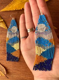 Mountains Beaded Earrings Landscape Seed Bead Earrings Blue - Etsy Artisan Blue Earrings With Beaded Fringe, Blue Beaded Fringe Jewelry As A Gift, Blue Beaded Fringe Jewelry Gift, Blue Beaded Fringe Jewelry For Gifts, Earrings Nature, Nature Earrings, Handmade Earrings Beaded, Earrings Blue, Moon Earrings