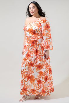 If you've been dreaming about getting away from it all, make sure to add the Nerola Floral One Shoulder Maxi Dress to your suitcase! Orange florals shape this breezy dress that has a shoulder look and long sleeve. A belt around the waist to fit all the right places. Add on your hat and sunnies to go along with this dress! - One shoulder- Belted- Lined- Zipper- Color: Orange WhiteSize + Fit - Model is 5'10" and wearing size 2X- Measurements taken from size 2X- Chest: 23 3/4"- Length: 57 1/2" Fabr Summer White One-shoulder Maxi Dress, White Floral Print One-shoulder Dress, Orange One-shoulder Floral Print Dress, Orange One Shoulder Dress With Floral Print, Orange One-shoulder Dress With Floral Print, White Off-shoulder Maxi Dress With Floral Print, White Off-shoulder Floral Print Maxi Dress, White Floral Print Maxi Dress For Holiday, Orange One-shoulder Beach Maxi Dress