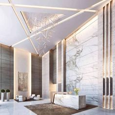 an artistic rendering of a living room with marble walls and flooring, along with modern chandeliers