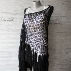 "Black shawl with fringe made of soft merino wool silk blended yarn  *Shawl can be made with fringes and without it *Length: about 37.7\"(96cm) width about 78,7\"(200cm) *Black lace shawl is gorgeous accessory for Boho Gothic, Witch, Victorian wedding dress *Amazing anniversary gift for wife *Other custom colors available! *Wash by hands in warm water, lay flat to dry *Other wedding shawls you can see here: https://www.etsy.com/shop/LacyStories?ref=seller-platform-mcnav&section_id=22735236" Handmade Black Bohemian Shawl, Bohemian Shawl Cape With Fringe, Handmade Black Shawl Poncho, Bohemian Shawl Dupatta With Fringe, One Size Elegant Shawl With Fringe, Elegant One Size Fringe Shawl, Elegant One Size Shawl With Fringe, Elegant One-size Shawl With Fringe, Yarn Shawl