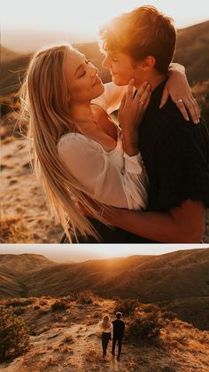 two people standing on top of a dirt field next to each other with the sun behind them