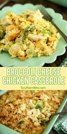 broccoli cheese chicken casserole is shown in two separate dishes with the title above it