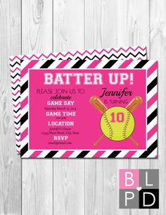 a pink and black bat up birthday party ticket with the number ten on it's front