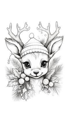 a black and white drawing of a baby deer wearing a hat with antlers on it