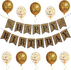 leopard print happy birthday banner and balloons