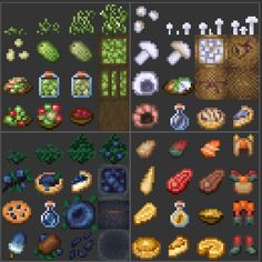 some pixel art work with different items and colors