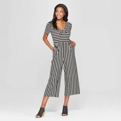 Women's Striped Short Sleeve Tie Front Knit Jumpsuit - Xhilaration Black/White S With Pockets Casual Striped Jumpsuits And Rompers For Day Out, Casual Striped Fitted Jumpsuits And Rompers, Casual Fitted Striped Jumpsuits And Rompers, Casual Striped Jumpsuits And Rompers For Loungewear, Casual Striped V-neck Jumpsuits And Rompers, Formal Romper, Boho Jumpsuit, Red Romper, Floral Print Rompers