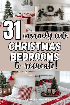 christmas bedroom decor with red and white decorations on the bed, plaid blankets and pillows