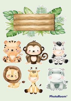 a bunch of animals that are next to a wooden sign and some leaves on the wall