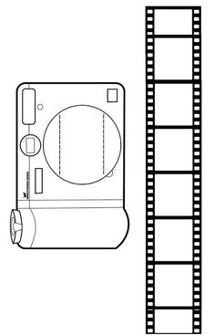 a black and white drawing of a camera next to a film strip with the top section cut out