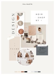 the interior design flyer is shown with different colors and shapes, including beiges, grays