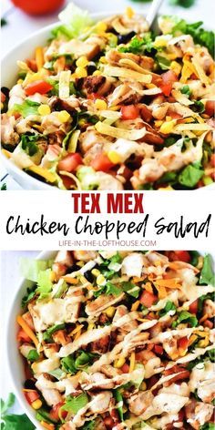 chicken chopped salad with lettuce and tomatoes in a white bowl