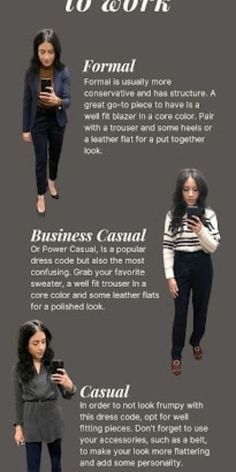 Formal Dress Code? Business Casual Dress Code? (AKA: Power Casual) Casual Dress Code? Whoa is me... What to wear to work in any type of office environment. Power Casual, What To Wear To Work, Business Casual Dress Code, Formal Dress Code, Business Casual Dress, Work Tips