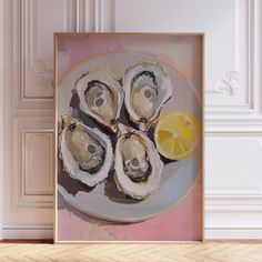 a painting of oysters on a plate with a lemon wedge