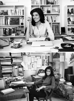 black and white photos of two women sitting at desks in front of bookshelves