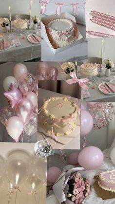 a collage of pink and white cakes, balloons, cake boxes, and other items