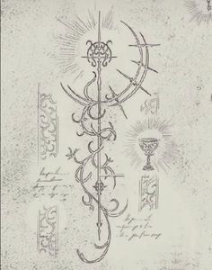 an old drawing of a cross with sun rays coming out of the center and two candles on each side