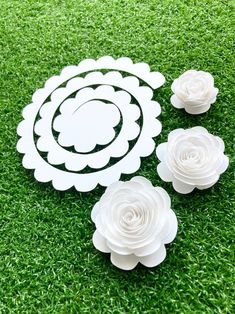 three white paper flowers sitting on top of green grass with one cut out to look like it