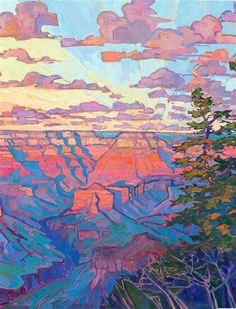 an oil painting of the grand canyon at sunset with clouds in the sky and trees