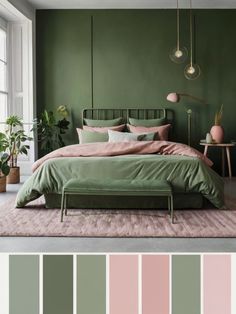 a bedroom with green walls, pink and grey bedding and rugs on the floor