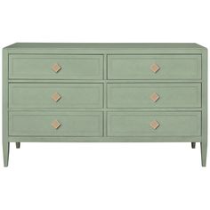 a green dresser with four drawers and gold knobs