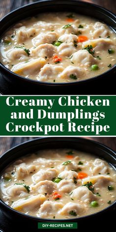 creamy chicken and dumplings crockpot recipe in a black bowl on a wooden table