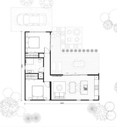 the floor plan for a modern house with two levels and an open living room, dining area