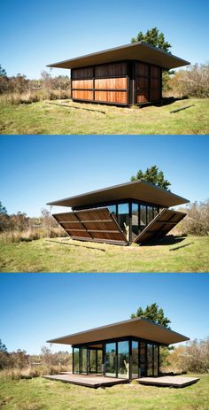 three different views of a house in the middle of some grass and trees, with windows on each side