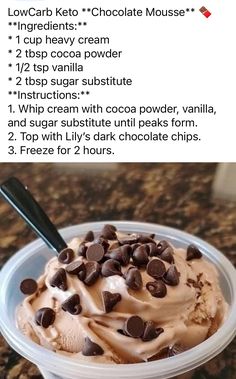 an ice cream sundae with chocolate chips on top in a plastic bowl, labeled low carb keto chocolate mouse