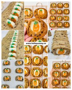 several pictures of cookies, carrots and marshmallows