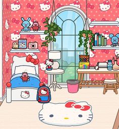 the hello kitty bedroom is decorated in pink and white