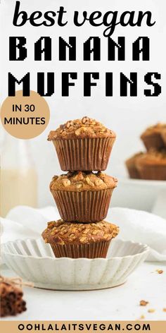 stack of 3 vegan banana muffins on a white plate Vegan Banana Muffins, Banana Muffins Recipe, Vegan Breakfast Easy, Healthy Version, Banana Muffin Recipe