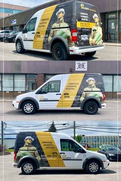 the side and back of a van with an image of a man in uniform on it