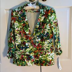 Darling Floral Jacket With Gold Button And Ruched Sleeves, Multi Colored Spring Party Blazer Button-up, Spring Party Button-up Blazer, Spring Party Blazer, Chic Floral Print Fall Blazer, Floral Print Long Sleeve Blazer For Party, Long Sleeve Floral Print Blazer For Party, Spring Party Outerwear With Floral Print, Multicolor Spring Blazer For Work, Multicolor Fitted Spring Blazer