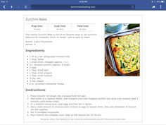 the recipe page for zucchini bake is shown in this screenshote