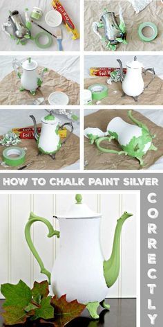 how to make a white and green teapot with chalk paint on the outside, inside and out