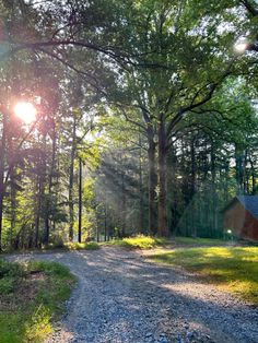 the sun shines brightly through the trees over a gravel road in front of a cabin